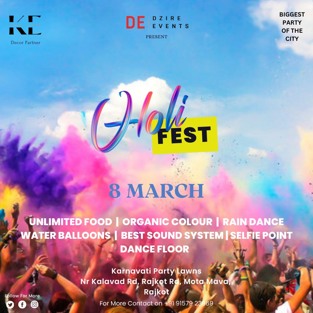 DzireEvents's tweet photo. Hello Rajkotians, 
Be ready for the biggest holi party of the city.

We happy to announce that Team Dzire Events &amp; @krishaevent going to give you a biggest holi party in Rajkot. 

For more Contact us 

+91 91579 23969 
+91 96647 74430 https://t.co/vOoxh1CuBf