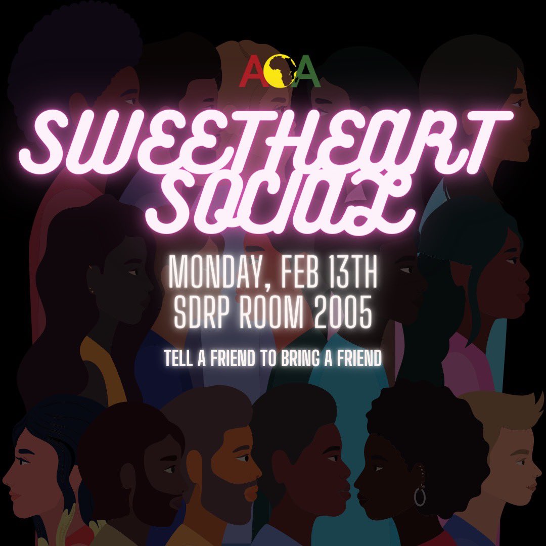 Still don't have a Valentine?! Don't worry! Come out to ACA's Sweetheart Social to socialize with your fellow ACA members on campus through a variety of Valentines Day themed activities. We will do do speed-friending, games, valentine's day treats, giveaways and much more!💗
