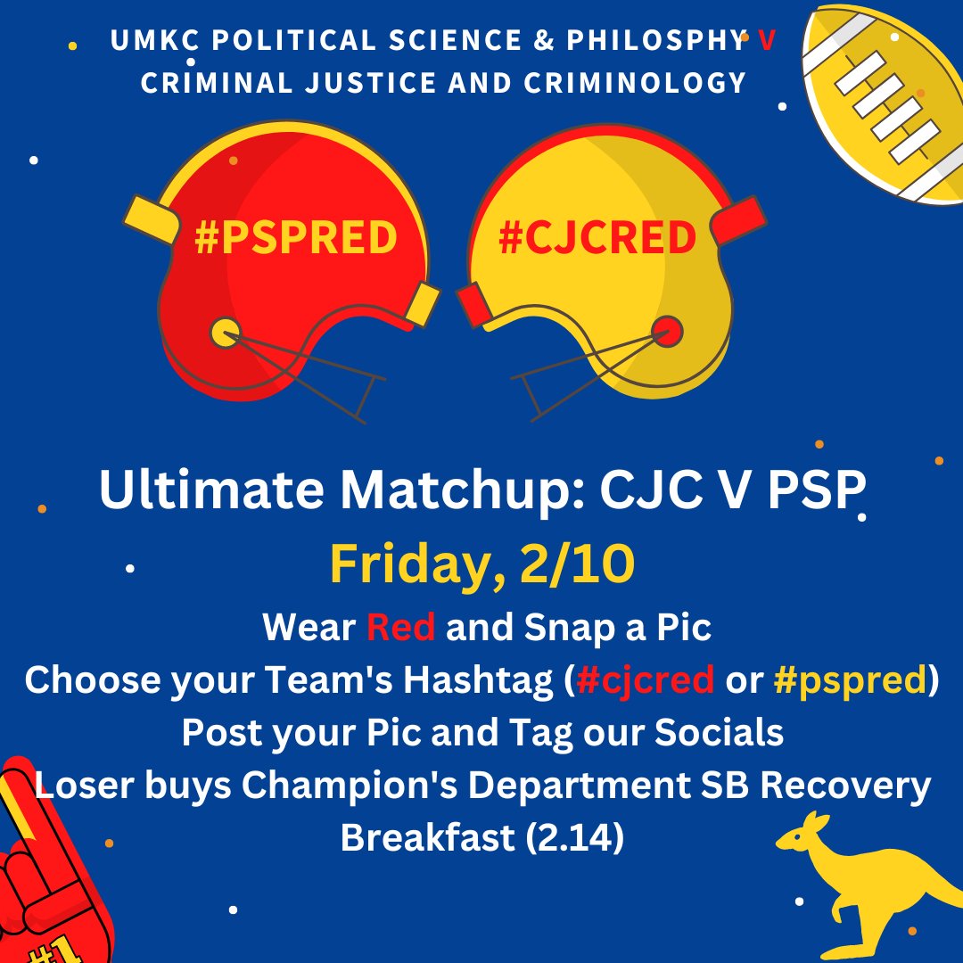 umkcpolsciphil's tweet photo. UMKC PSP V UMKC CJC Ultimate Championship: Wear Red Fridays! Friday, 2.10, snap a pic wearing red and post it one of our socials with the hashtag: #pspred or #cjcred. The team w/the most tags wins!  Loser buys the donuts on 2/14.  Celebrate KC &amp; help us win! https://t.co/HQcQotNsel
