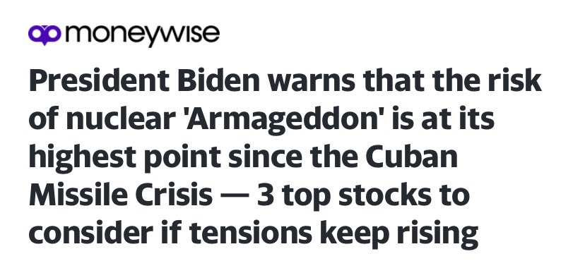 If you’re wondering if everything has gone to crap: *Possible Nuclear Armageddon* “ACT NOW! BUY STOCKS!”

Everyone may die because of terrible people but let’s use that to promote sales and push click bait. 👍👍

#DoBetter <a href="/moneywisecom/">Moneywise</a> <a href="/YahooNews/">Yahoo News</a> <a href="/WhiteHouse/">The White House</a>