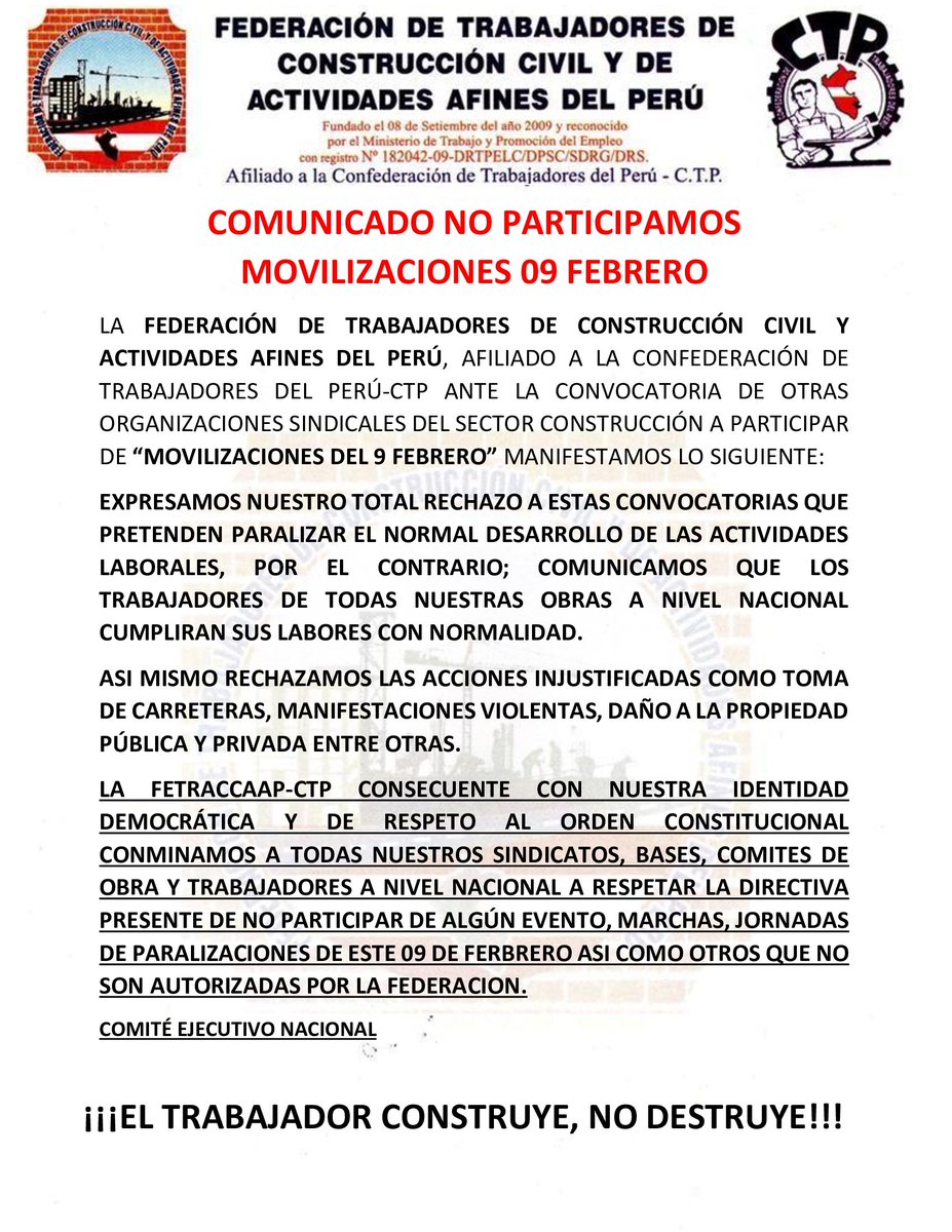 Paquidérmicos gremios sindicales con ideologias totalitarias pretenden paralizar el país sin importar las consecuencias negativas al trabajador .La @F_etraccap_Of  en representacion de los trabajadores manifiesta que el Perú no puede parar, NO AVALAMOS MOVILIZACIONES ABSURDAS.