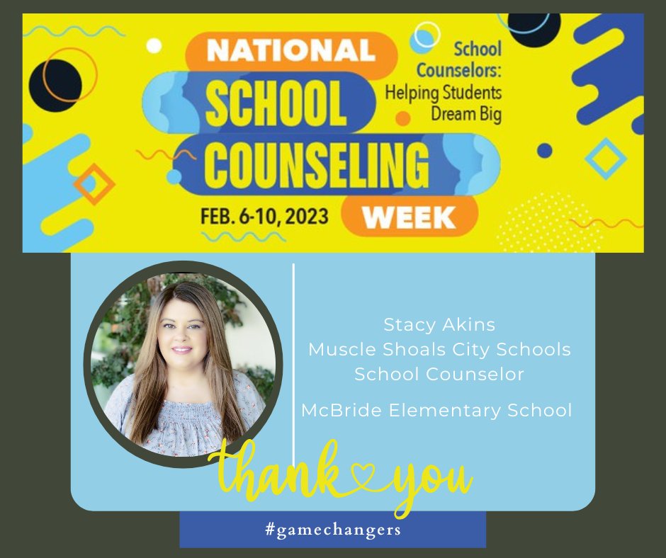 This week is National School Counseling Week. Today we would like to thank Stacy Akins, <a href="/McBrideTrojans/">McBride Elementary</a>  School counselor, for her hard work and dedication to helping students dream big! #gamechangers #nomatterwhat <a href="/MSCSTrojans/">Muscle Shoals</a> 
<a href="/AlabamaAchieves/">Alabama State Department of Education</a>  Department of Education