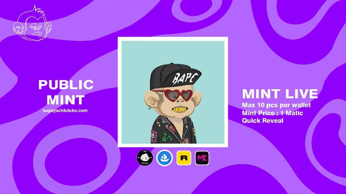 BapeYachtClub's tweet photo. BAPE YACHT CLUB 🐵 MINT LIVE 🎉

Mint: https://t.co/R1t03uEg5L 

Opensea: https://t.co/XTFwnouESM

BAPE: https://t.co/0FVORfKouW

PolygonScan: https://t.co/s3AI2aMyPH

#NFT #NFTs #bape #BAPE #BAPEYC #BAYC #MAYC 
#opensea #Polygon #rarible #MagicEden #art https://t.co/JfRMCcflM3