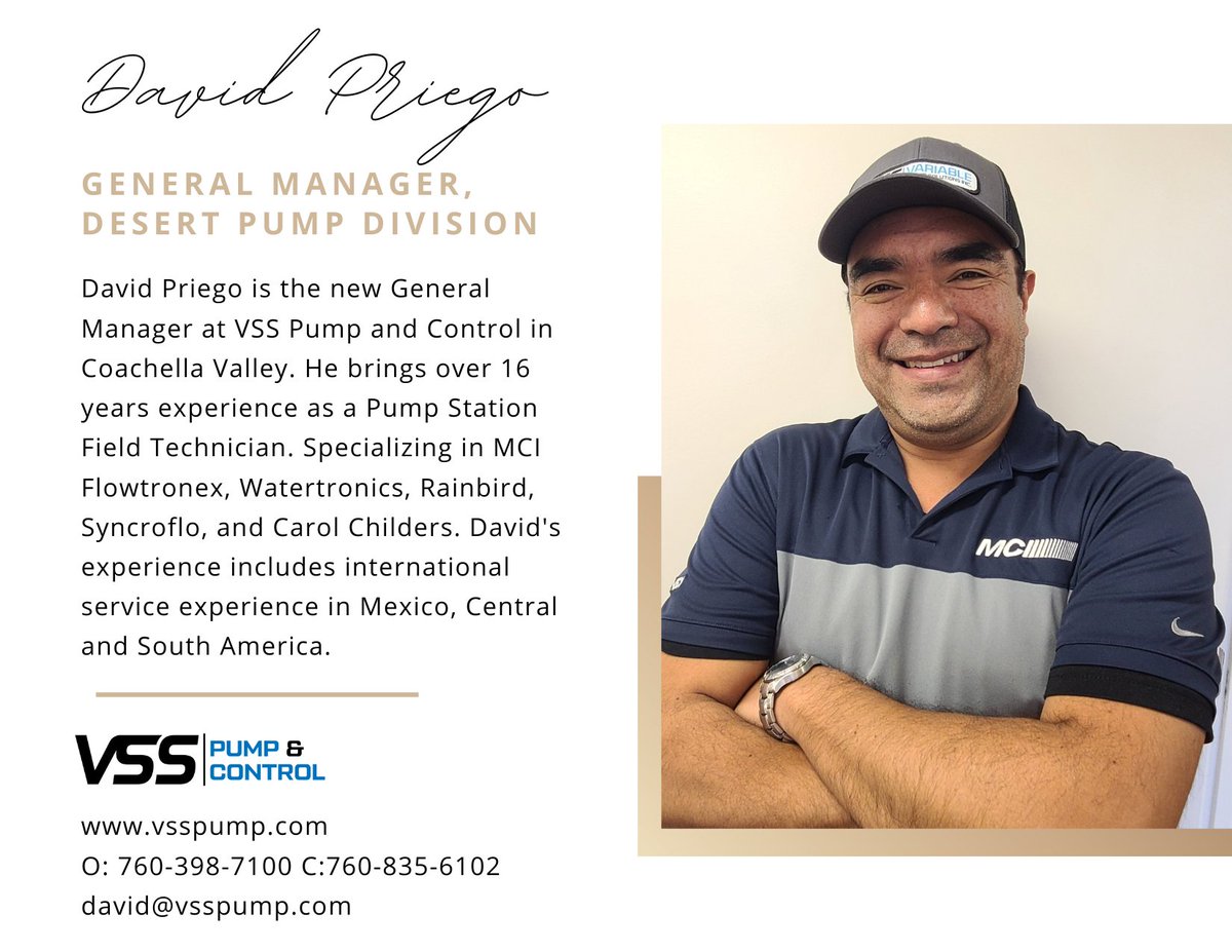 variablespeeds's tweet photo. #VSS would like to introduce you to David Priego David is joining the team as the General Manager for VSS Pump & Control David comes to us with an extensive #pumpstation background & will be a great asset to us & our customers in the #CoachellaValley
#VSSpumpandcontrol #VSScrew https://t.co/1pN0nH4kzS