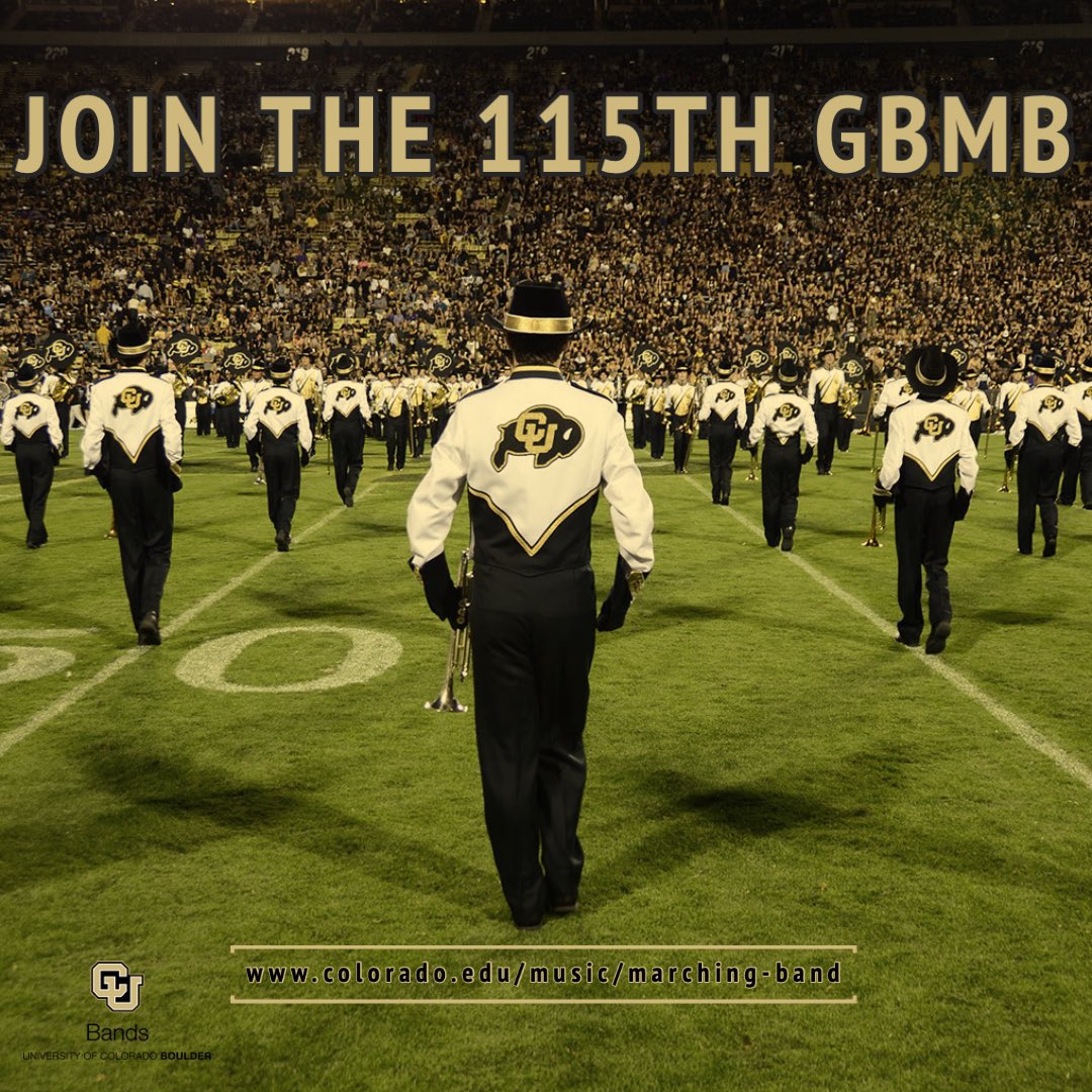📣 Join the 2023 Golden Buffalo Marching Band! Check out our website for more information. Drumline auditions on April 29-30. Brass/woodwind audition videos due June 1. Colorguard due July 1. Go Buffs! 🦬 #115 #jointheherd #cuboulder #gbmb #thsp