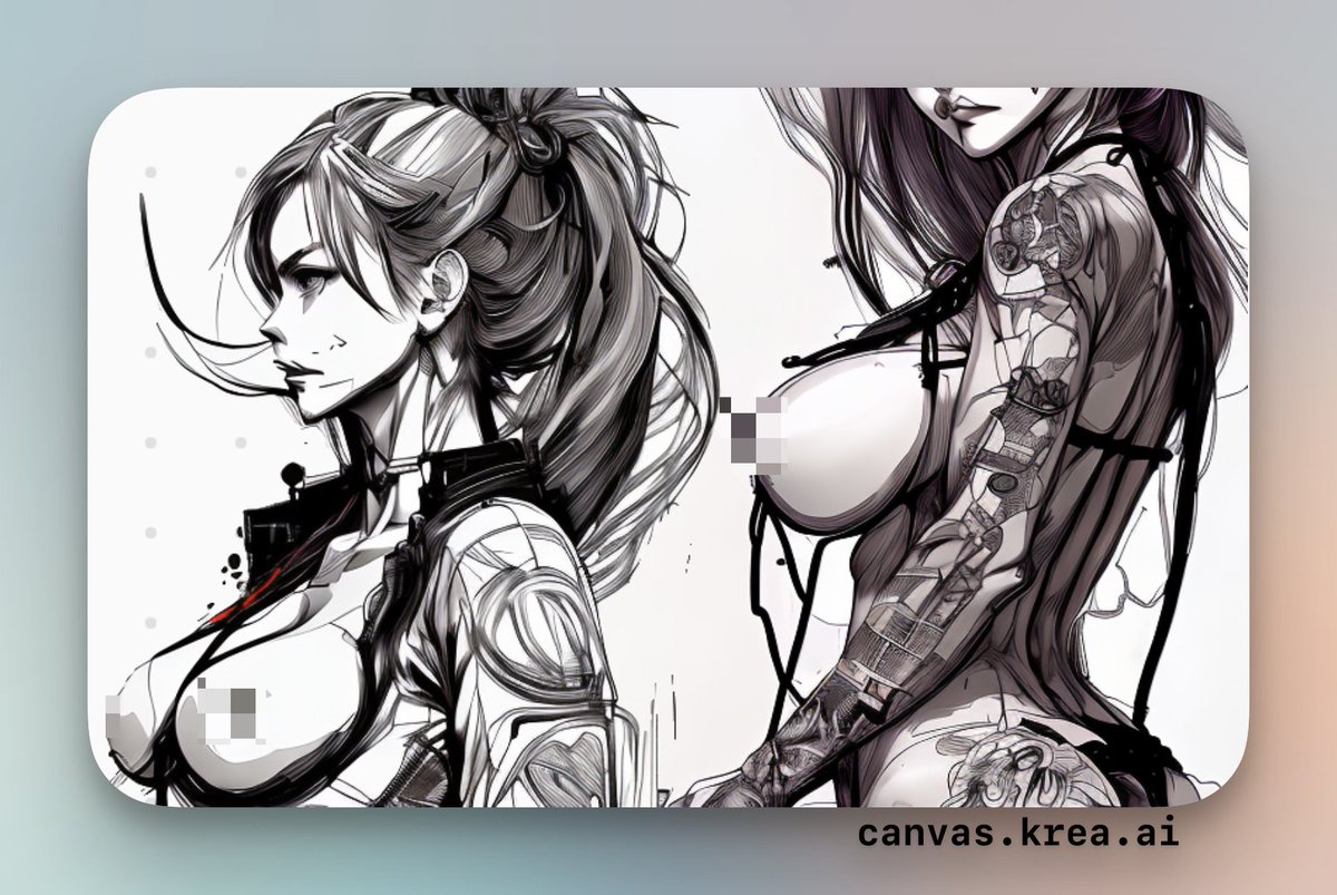 seductive_ai's tweet photo. ...found a killer style playing around in the @krea_ai Canvas beta!  What do you think?  NSFW versions coming next!

#AIart #AIArtCommunity #KREA #kreacanvas #aiartcommunity #nsfwtwt #babes #nudes #penart #inked #waifu #FinalFantasy #MetalGearSolid @viccpoes @asciidiego https://t.co/a88r7eQl6L
