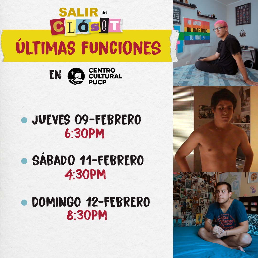 mczorro's tweet image. ¡Últimas tres funciones de #SalirDelClóset en el @CCULTURALPUCP! 🔥👑🏳️‍🌈

Pueden de una vez comprar sus entradas aquí:
joinnus.com/events/cine/li…