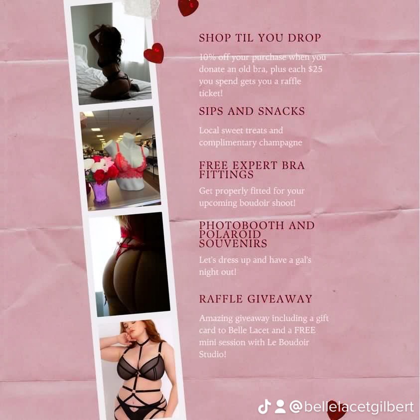 GilbertTownSq's tweet photo. Come Join Us for our Galentines's Day Event by Belle Lacet Lingerie &amp; LeBoudoir Studio @ Belle Lacet Gilbert in Gilbert Town Square shopping center on Feb 8th, 2023 from 5-7PM!

We also are doing a Large Raffle Giveaway that you won't want to miss! Hope to see you there🥰🎟🎁❤️ https://t.co/i8mVR4k9rY