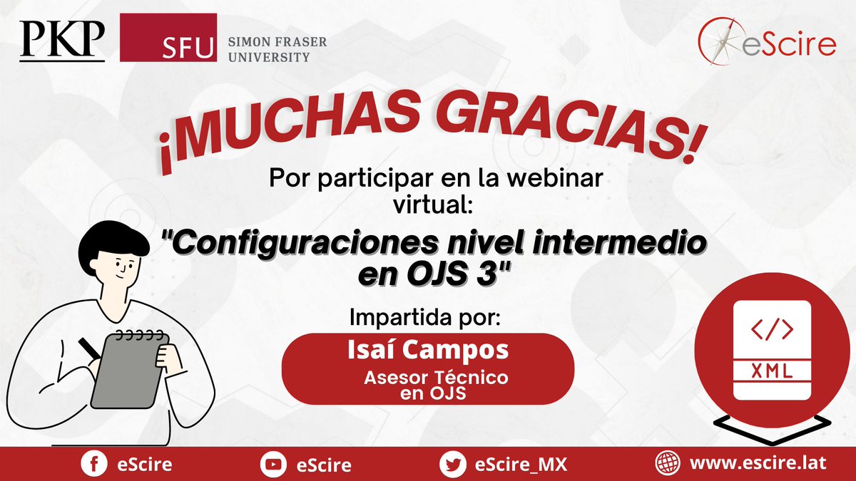 eScire_MX's tweet photo. El martes 7 de febrero se impartió el webinar de #PKP: "Configuraciones nivel intermedio en #OJS3"🤓
¡Si te perdiste la transmisión, la puedes consultar en nuestras redes sociales de #eScire!
📌Facebook: https://t.co/7aS8AejEJI
📌YouTube: https://t.co/6gDkGxhteL https://t.co/DfzzdyrA2b