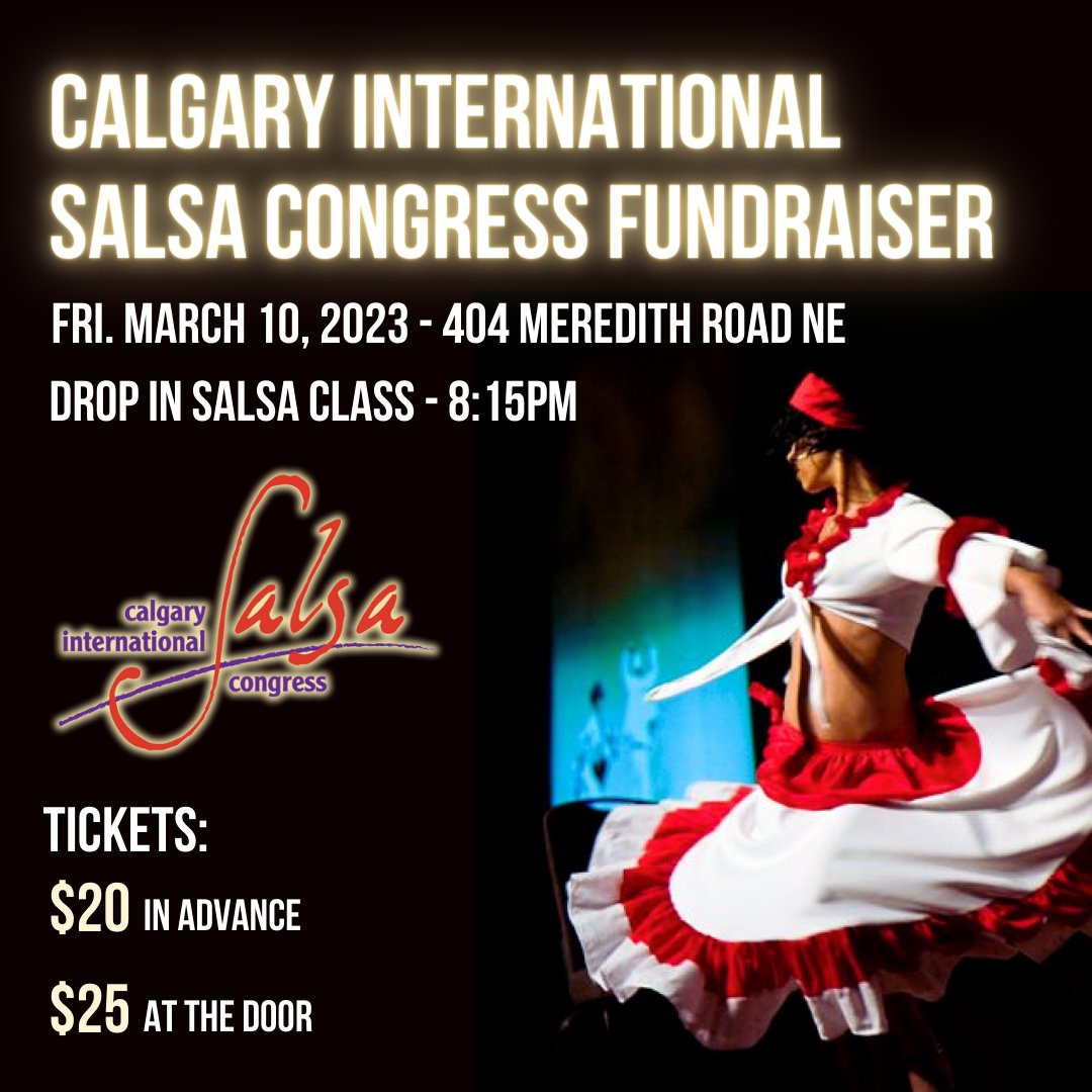 CalgarySalsaCon's tweet image. Join us for a fundraising event in support of the 2023 Calgary International Salsa Congress!
Drop in Salsa Class at 8:15pm
Shows, great music and dancing. Tickets $20 in advance. $25 at the door. Visit calgarysalsacongress.com and get your tickets!
#yycsalsa #calgarysalsacongress