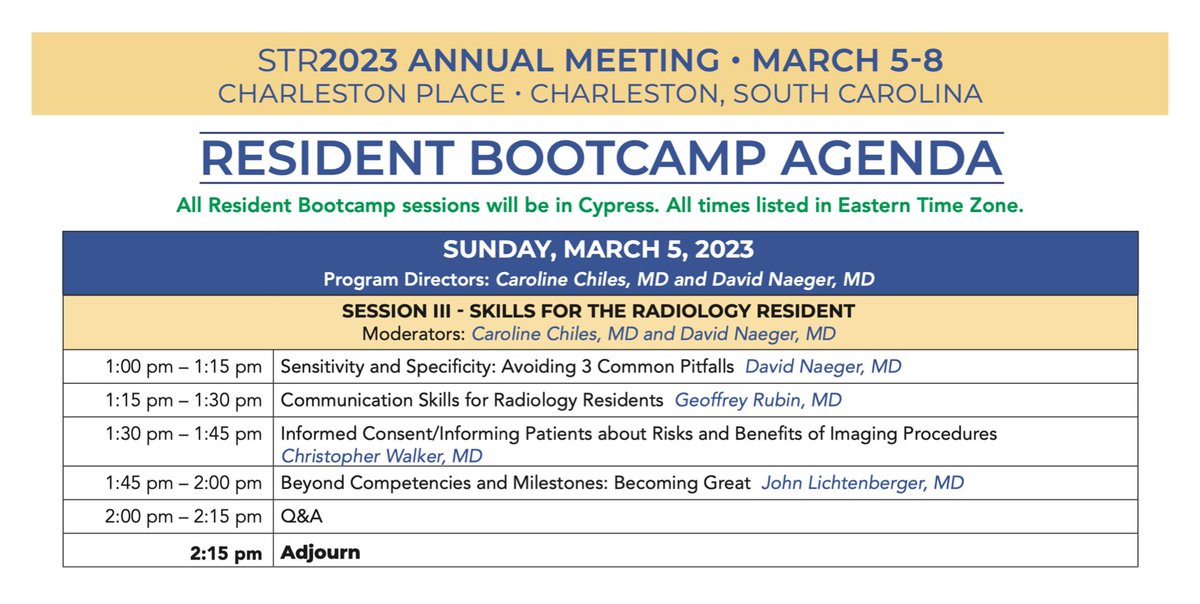 Don't forget! #STR2023 will feature our popular Resident Bootcamp for the 5th straight year. Outstanding for trainees of all levels, from junior residents to fellows. See you there!

Date: Sunday, March 5
Price: FREE

Register: thoracicrad.org/?page_id=4531

#radres
