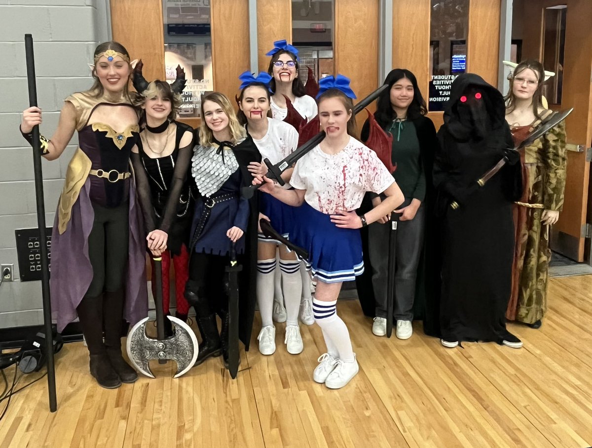 Some of our “She Kills Monsters:Young Adventurers Edition” cast representing at the Pep Assembly today