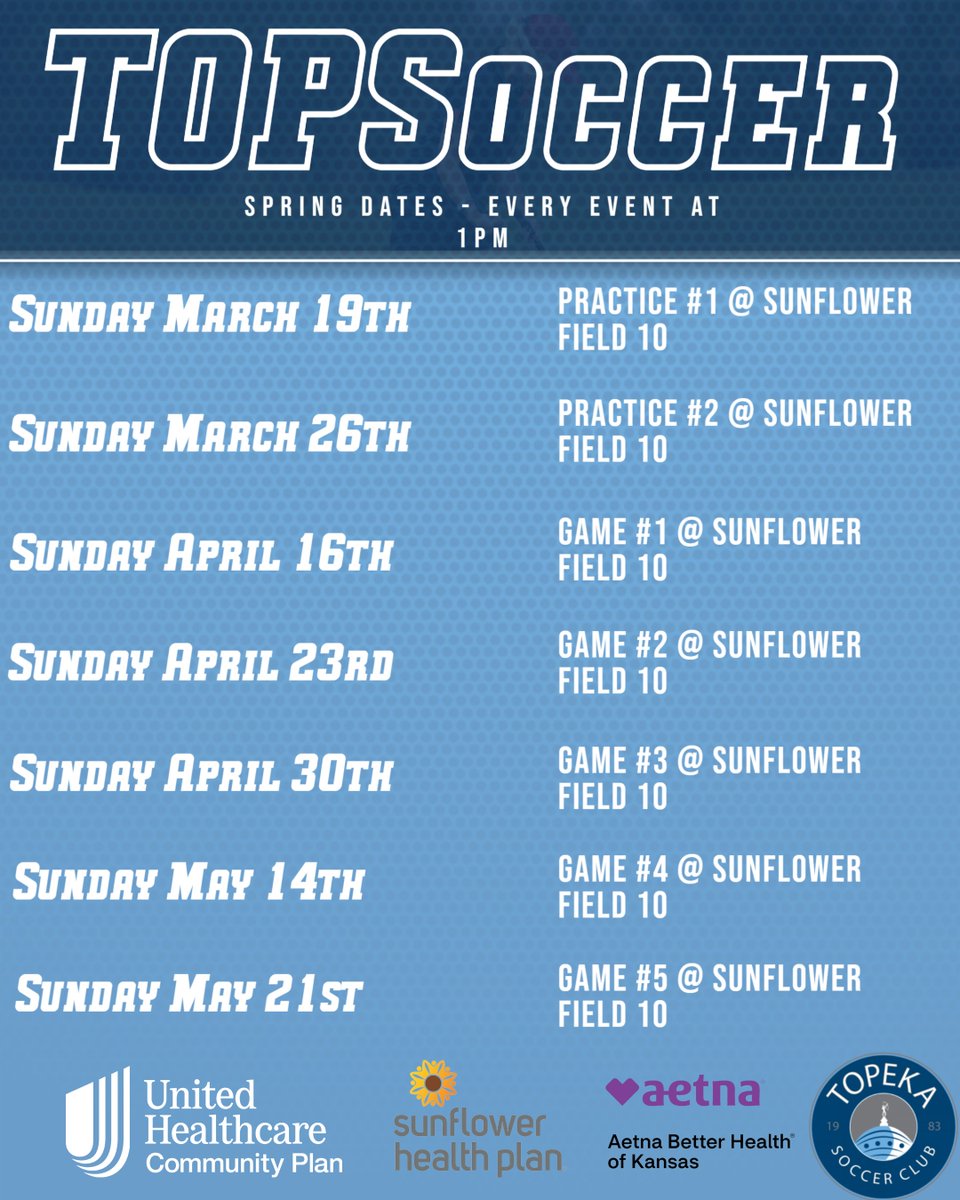 Here are our dates for the Spring session for those in our TOPsoccer program!

#loyaltothesoil #topekasoccerclub #ksyouthsoccer #kssoccer #topekasoccer #topcity #topekasoccer