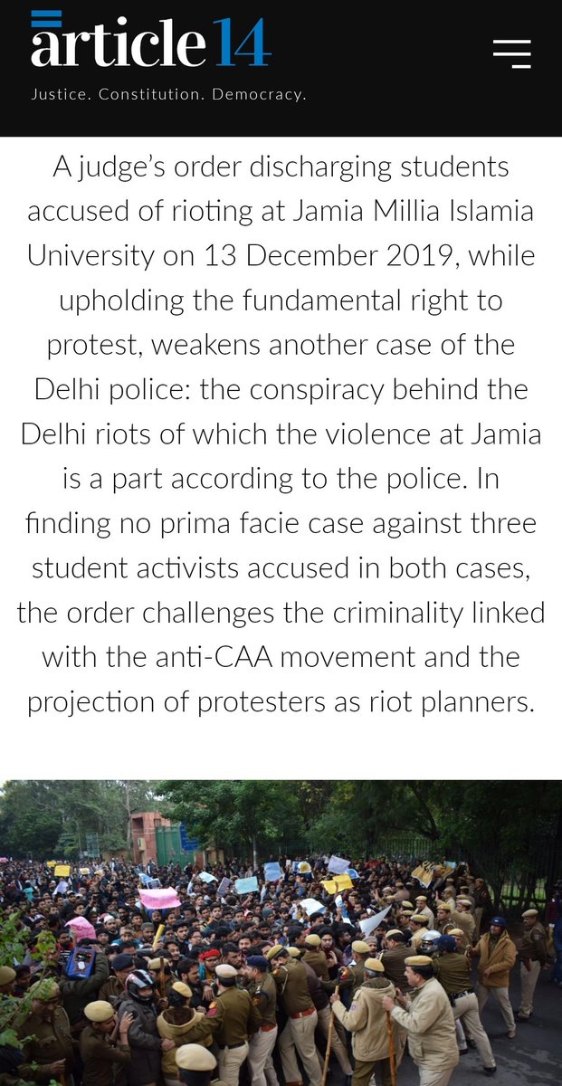 A Challenge To #DelhiViolence Conspiracy Case!!

A judge's order discharging students accused of #JamiaViolence on 13 Dec 2019, including Sharjeel Imam @SafooraZargar & @AsifTanhaJamia, weakens the conspiracy case & their role in it!

@betwasharma reports: article-14.com/post/in-the-ja…