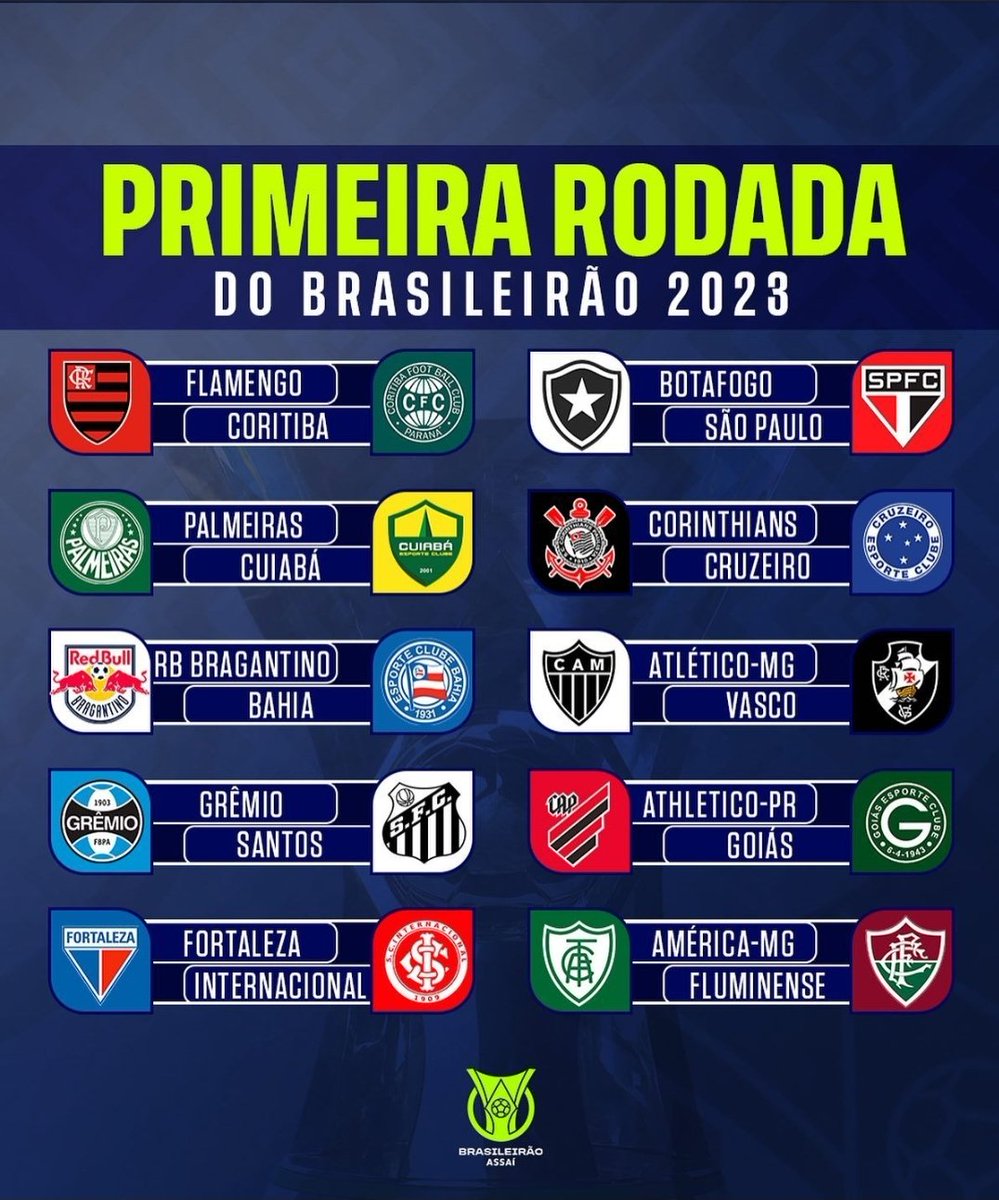 BRCartoleiros's tweet photo. Estes serão os confrontos da primeira rodada do Brasileirão 2023!

Seu time vencerá?

Já conferiu nossas ligas de Cartola FC para esta temporada? 
Temos as melhores ligas para aumentar as suas chances de mitar neste ano.
Chama no link:https://t.co/U0Mj6V5b9Z

#Cartola #mitar https://t.co/NoXb4PxbCx