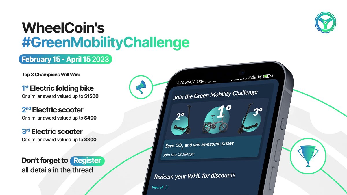 Here's what you've been waiting for ⌛

WHEELCOIN'S #GreenMobilityChallenge🍃 BEGINS TODAY! 🤩🎉

REWARDS worth 3K Euros await YOU 🥳🔥

Know about our 2-month-long challenge 🧵👇🏻