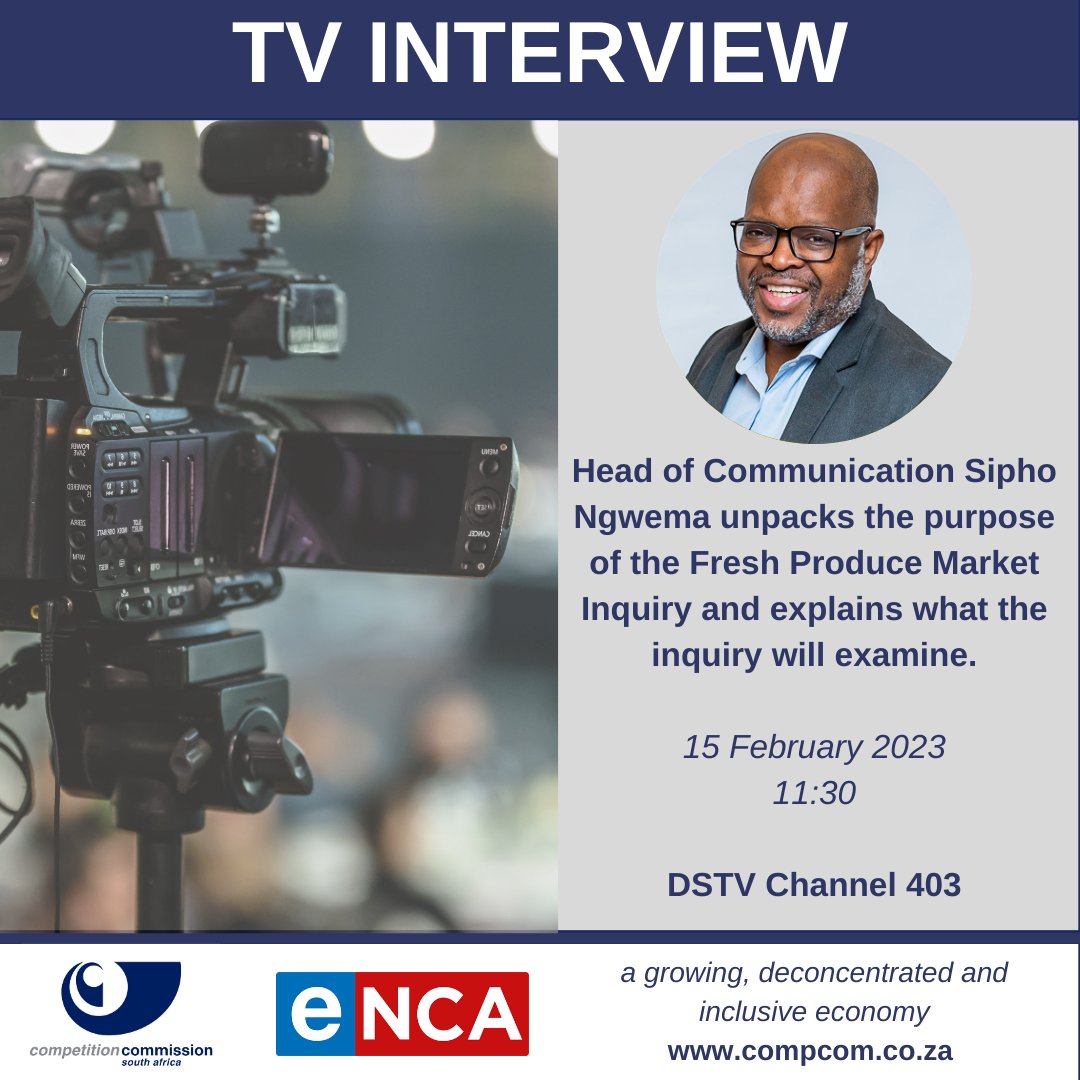 CompComSA's tweet photo. In a few minutes, CCSA Head of Communication Sipho Ngwema will be on @eNCA to discuss the release of the final terms of reference of the Fresh Produce Market Inquiry.
#FPMI #Food #inquiry #freshproduce https://t.co/0mRNZf628z