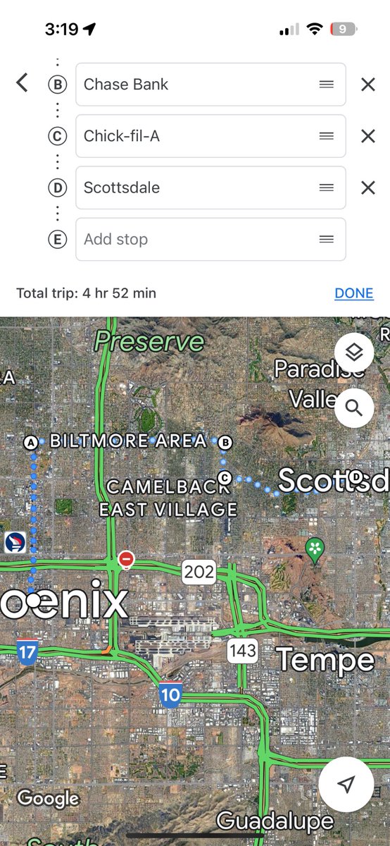 McIntyreMeagan's tweet photo. @FuckCarsReddit Here’s one recommendation with a good mix of good and bad. Get to track our lil light rail for awhile too.  Start downtown Phoenix and go up Central. Turn right at Camelback. At 44th cut south to Indian school and then continue east until old town Scottsdale. https://t.co/QiyR59dvOV