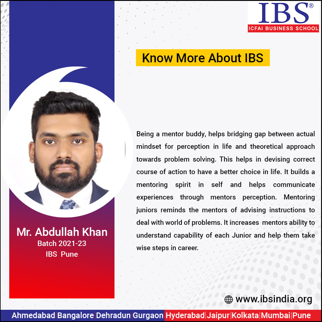 Know more about IBS Pune. Mr. Abdullah Khan Batch 2021-23.
#IBSPune #ICFAI #College #Placements #Growth #Businessleaders #Education ibsindia.org