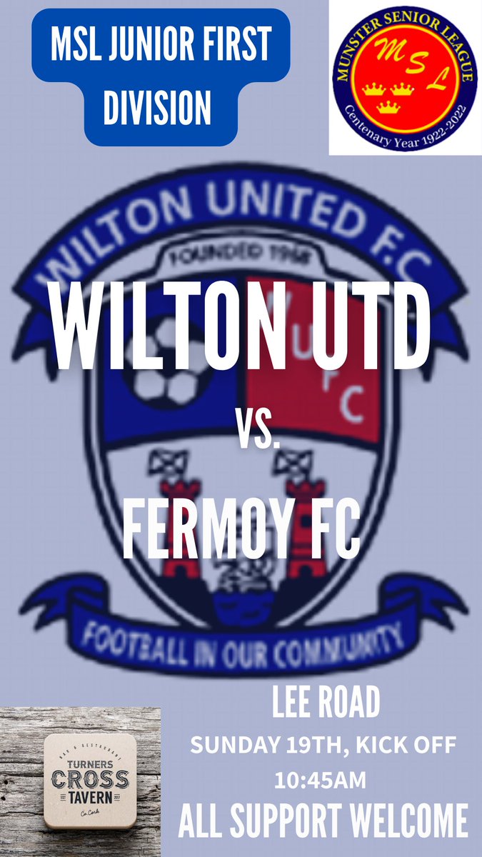 WiltonUnitedFC's tweet photo. Sunday morning our Juniors welcome @FermoyFC to the Lee Road with a 10:45am Kick off. Best of luck lads, all support Welcome! @turnerscrosstav @MunsterSenLgue https://t.co/pgofqURiXf