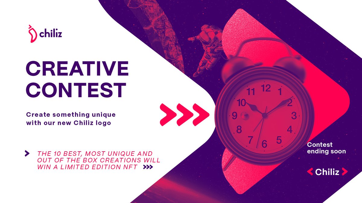 Chiliz's tweet photo. 𝐂𝐡𝐢𝐥𝐢𝐳 𝟓𝐭𝐡 𝐀𝐧𝐧𝐢𝐯𝐞𝐫𝐬𝐚𝐫𝐲 | Creative Contest 🧑‍🎨🎨

The time is running out! Use your 🧠 and create something magical, outstanding, mysterious or delicious with our new Chiliz Logo! 🌶️

10 Unique creations win a Limited Edition NFT 🏆

#ChilizAnniversary ⚡️ $CHZ https://t.co/V6ONnj1f4e
