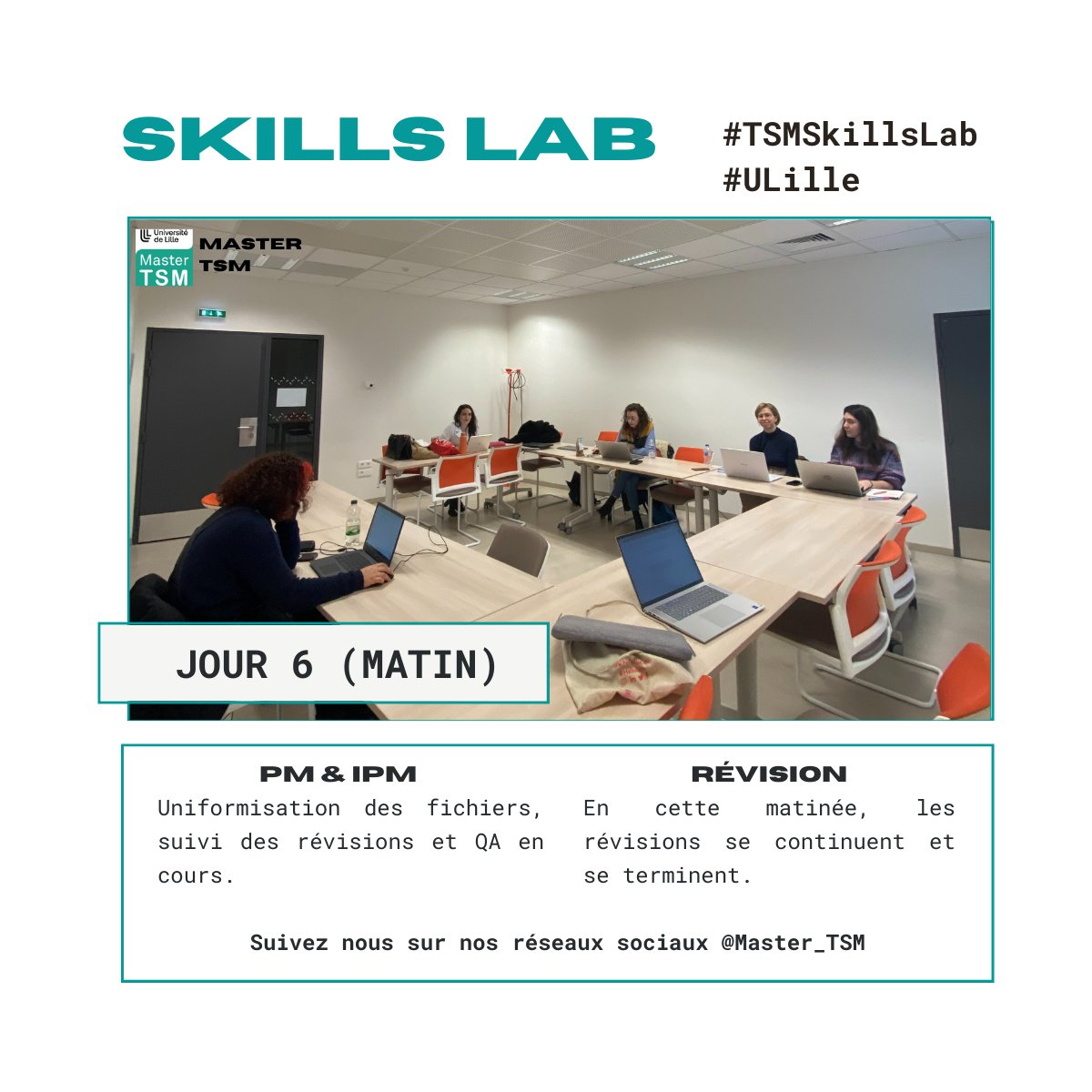 Master_TSM's tweet photo. #TSMSkillsLab #ULille Jour 6 👋
En cette matinée, les révisions continuent et se terminent également. 📋
L’IPM et les PM échangent sur l’uniformisation des fichiers. L’une d’entre elles, Anaïs, effectue un QA. 💪 https://t.co/pKnRliMZL5