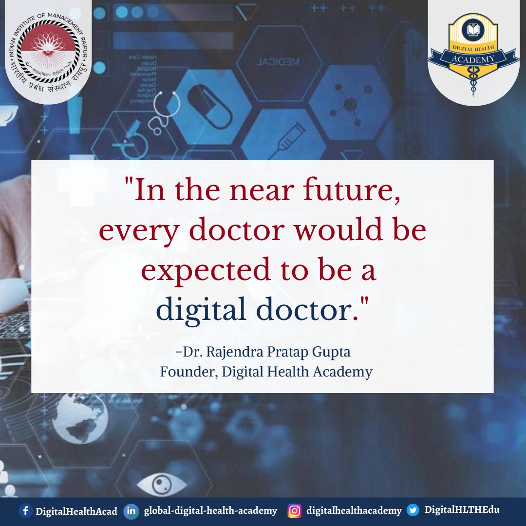 DigitalHLTHEdu's tweet image. Are you a &apos;#DigitalDoctor&apos; yet?
#PostGraduateCertificateProgramme in #DigitalHealth being jointly offered by @iimraipur &amp;amp; @DigitalHLTHEdu, equips the doctors with #skills to be #digitally ready in #Healthcare.

The course commences from 21st February 2023.