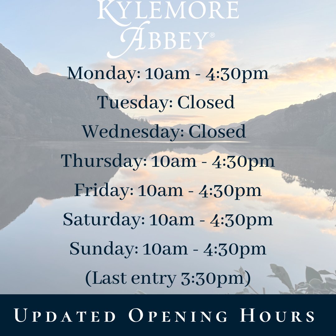 Kylemore's tweet image. 📢Updated Opening Hours📢
From tomorrow, February 16th to March 13th, Kylemore Abbey will be OPEN Thursday to Monday from 10am to 4:30pm (last entry to the Visitor Experience 3:30pm) and closed Tuesday &amp;amp; Wednesday!
#KylemoreAbbey #UpdatedHours #Connemara