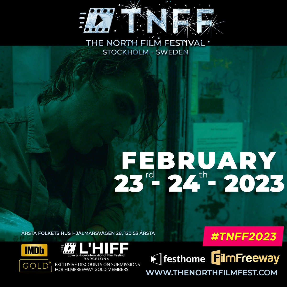 THE NORTH FILM FESTIVAL
February 23rd - 24th 2023 

​OFFICIAL VENUE FOR SCREENINGS
Årsta Folkets Hus Hjälmarsvägen 28, 120 53 Årsta
Stockholm - Sweden.

Thursday Feb 23rd : 11am - 10pm
Friday Feb 24th 2023 : 11am - 10pm