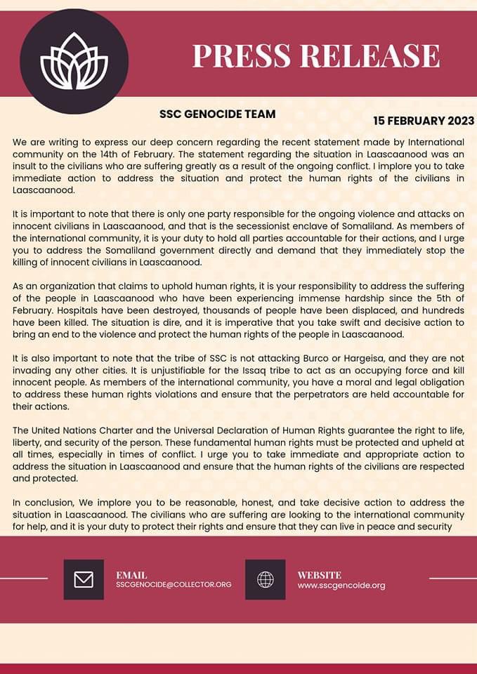 IbrahimHaashi's tweet photo. We are writing to express our deep concern regarding the recent statement made by International community on the 14th of February. The statement regarding the situation in Laascaanood was an insult to the civilians who are suffering greatly as a result of the ongoing conflict. https://t.co/P35BUzml63