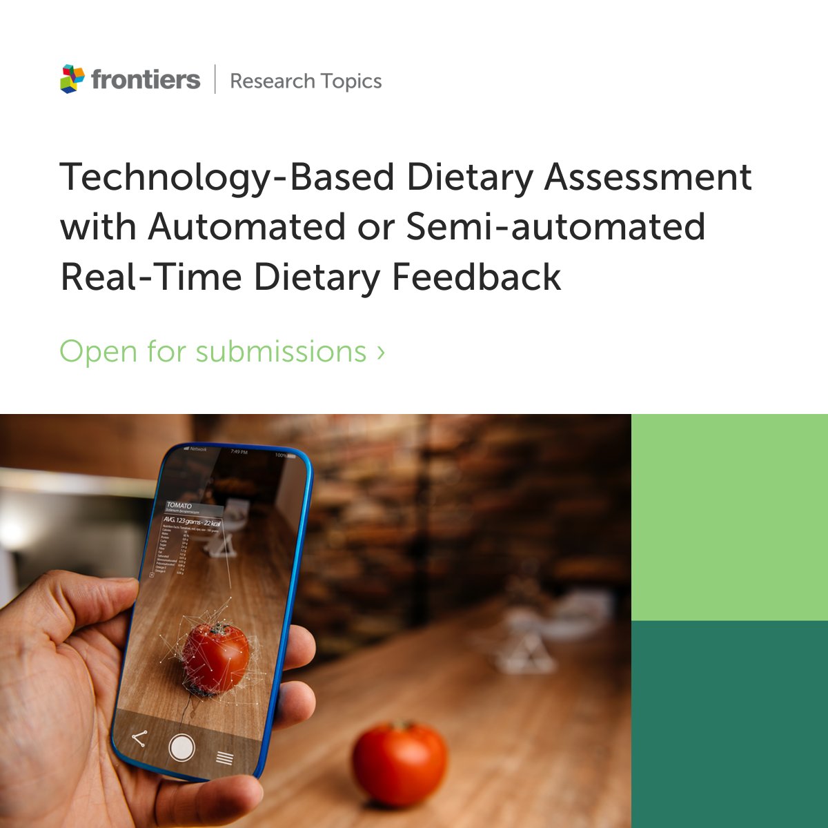 Fascinated by image-based food recognition apps such as <a href="/foodvisor_app/">Foodvisor_app</a> and SnapCalorie?📸

Well we have a new #ResearchTopic on tech-based food and dietary assessment🍎

Now open to your research until July 2023📣
👉fro.ntiers.in/51409👈

#foodtracker #nutritionresearch
