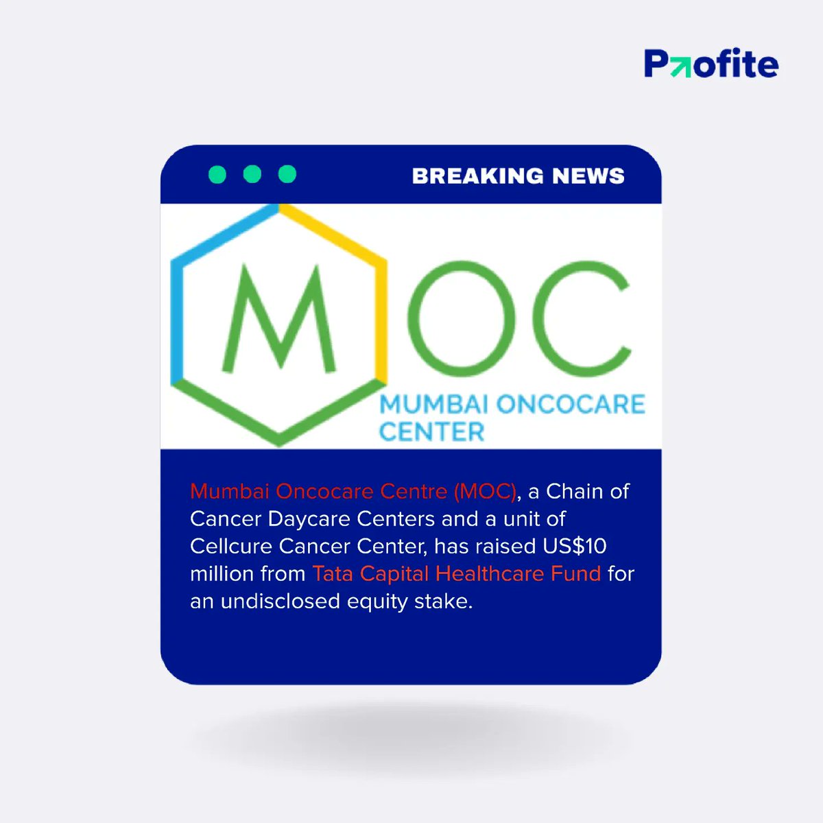 ProfiteAi's tweet photo. "Mumbai Oncocare Centre raises $10M from Tata Capital’s Healthcare Fund"
.
.
.
.
#startup #business #entrepreneur #entrepreneurship #marketing 
#smallbusiness #success #motivation #businessowner
#digitalmarketing #money #entrepreneurlife #branding 
#inspiration #startups https://t.co/3zYMXIYjt1