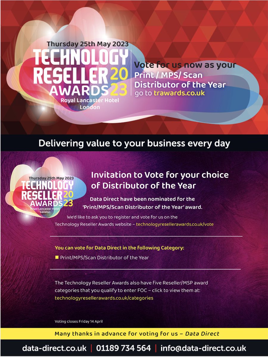 Data Direct is on the list for Print/MPS/Scan Distributor of the Year at the Technology Reseller Awards 2023.
Would be wonderful to count on your #vote: technologyresellerawards.co.uk/vote/2023/16019
It’ll take a minute of your time, &amp; no need to scroll down too far!
#datadirect #techawards #2023awards
