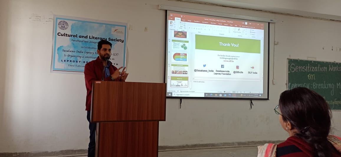 SILFIndia's tweet photo. @Sasakawa_India organised a workshop on #Leprosy:Breaking Myths in @IntegralUnilko today.
@TanzeelKhan19, Program Manager, S- ILF did sensitization session with the faculties &amp; students on the issues related to Leprosy.
#RestoreDignity
#YouthAgainstLeprosy
#India #Students https://t.co/XBvR8XGFZ7