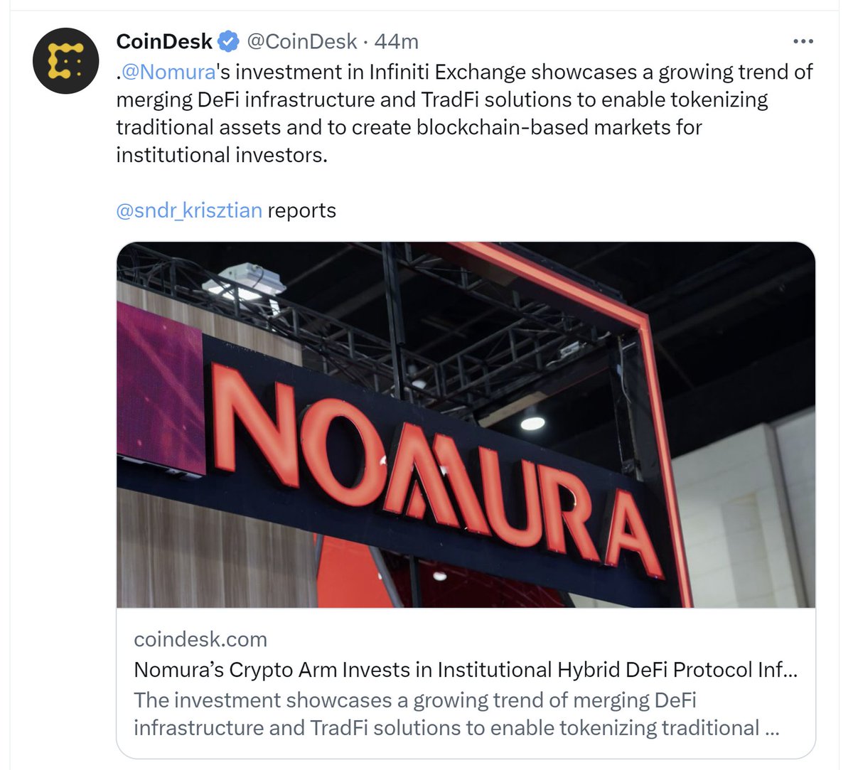 CORRECTION: @Nomura's investment in Infinity Exchange showcases a growing trend of merging DeFi infrastructure and TradFi solutions to enable tokenizing traditional assets and to create blockchain-based markets for institutions. @sndr_krisztian reports. trib.al/Kx9k4EO