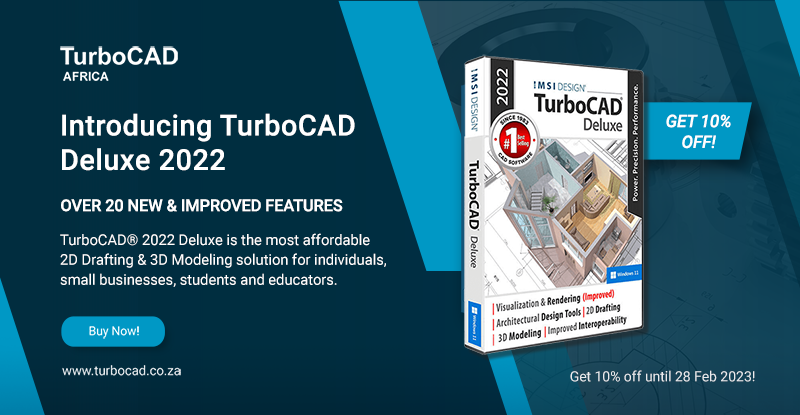 TurboCAD_Africa's tweet photo. 📣 Get 10% off TurboCAD Deluxe 2022 until 28 Feb 2023! 📣
TurboCAD Deluxe 2022 includes over 20 New & Improved features.
➡️ Buy Now: https://t.co/fqmObzblvx
#TurboCAD2022 #TurboCADFeatures #CADSoftware #CADDesign #2DDesign #3Dmodeling https://t.co/nlgsq8dpQq