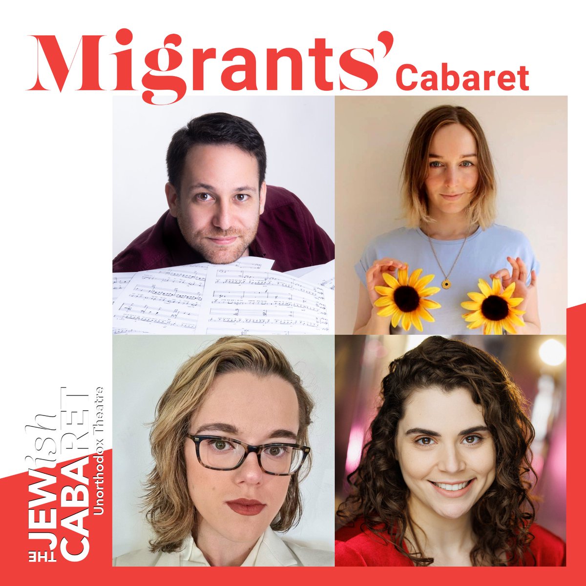 JEWishCABARET's tweet photo. Presenting the final set of wonderful performers and creatives from our Migrants' Cabaret:
@SharShamai 
@thomasin_london 
Rachel Blaquière
@MayaKristalT  
Don’t miss this chance to see them perform - 7pm Sat 18.2.23, All About Eve Camden!
Get your tickets:
https://t.co/SspiHHZJQD https://t.co/zyE71HNyQX