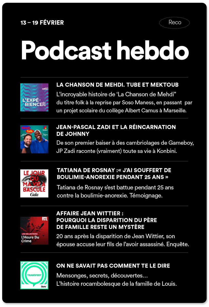 spotifyfrance's tweet photo. On écoute quoi cette semaine comme podcasts ? 🎙️

💿 @franceculture x @aureliecharon
🗣️ @KonbiniFr x @dCastelloLopes x @JeanPascalZadi
❤️‍🩹 @GALAfr x @tatianaderosnay
🚲 @RTLFrance
🤫 @Slatefrpodcasts

À retrouver dans notre playlist #PodcastHebdo ➡️ https://t.co/cIzqhBLOHs https://t.co/MSyZOLM9OV