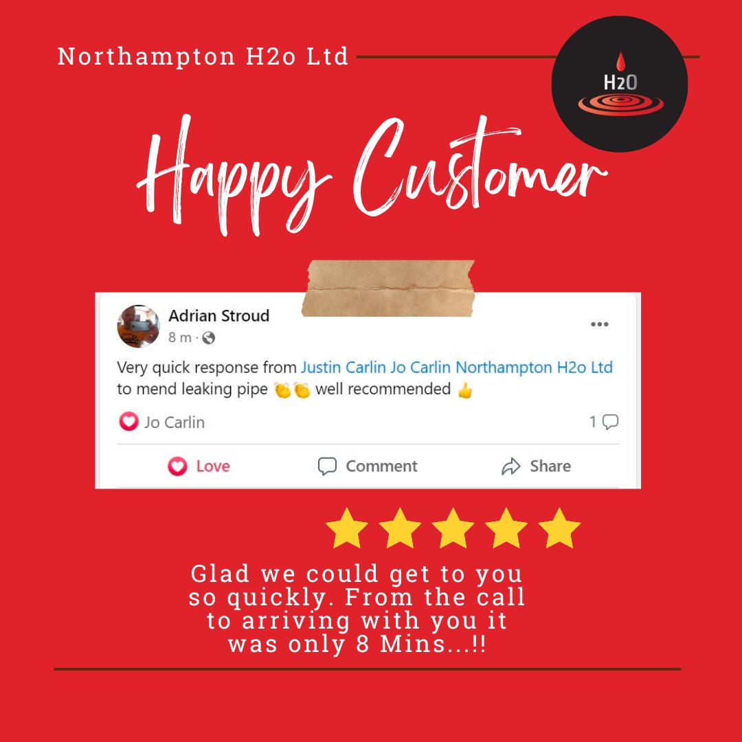 NorthamptonH2o's tweet photo. We love a Happy Customer π€©π οΈ
From the call to us arriving on site was 8 minutes π Ok, we were only around the corner but still...... SPEEDY SERVICE!
Thanks for leaving the feedback Adrian ππ
01604 708971 if you need a call out.
#emergencyplumber #northants #NN4traders https://t.co/2DfzJMx5Zi