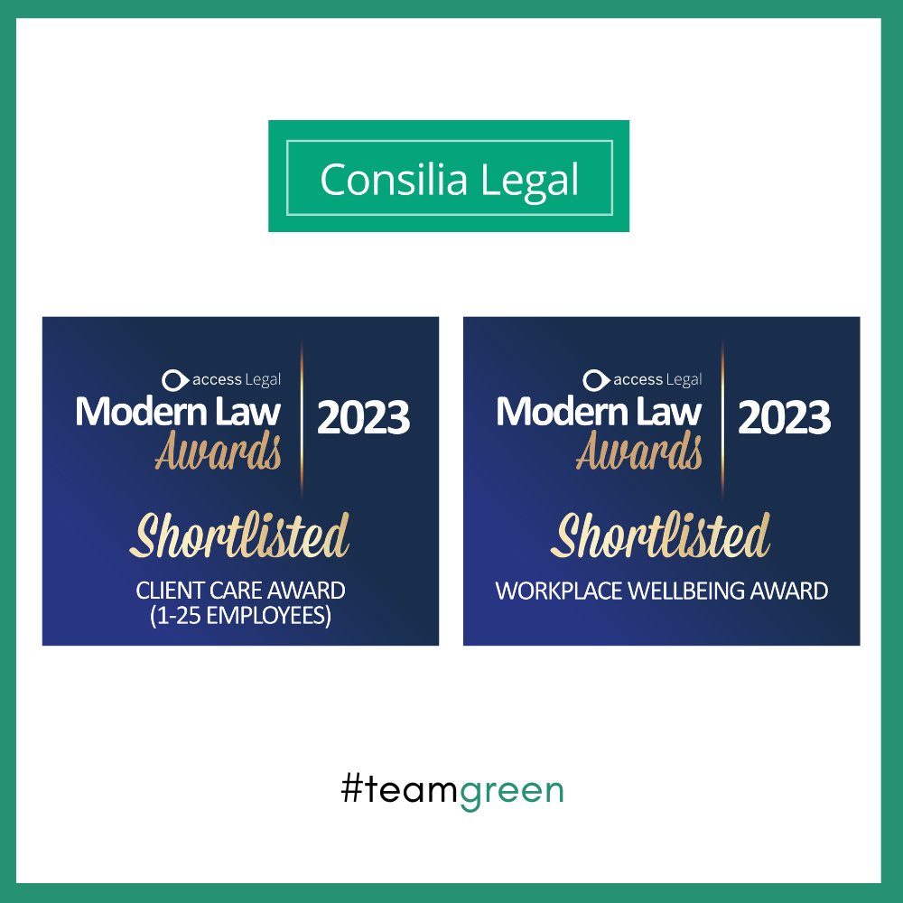 consilialegal's tweet photo. We're delighted to have been shortlisted for two more legal awards - The 'Client Care Award' and 'Workplace Wellbeing' Award. Hopefully, we will announce more good news on this in the coming weeks, so watch this space!

#workplacewellbeing #clientcare #teamgreen #modernlawawards https://t.co/6DQ0lVQofF