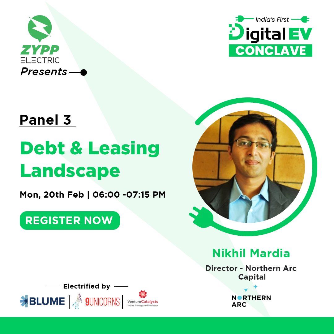 ZyppElectric's tweet image. We welcome @nxm109 , Director, @_NorthernArc Capital on our Panel 3, Debt and Leasing Landscape on 20th Feb at India&apos;s first #DigitalEVConclave2023 to share their views on building a robust EV ecosystem.

Limited seats, Register shorturl.at/bCHZ0 today!

#DigitalEVConclave