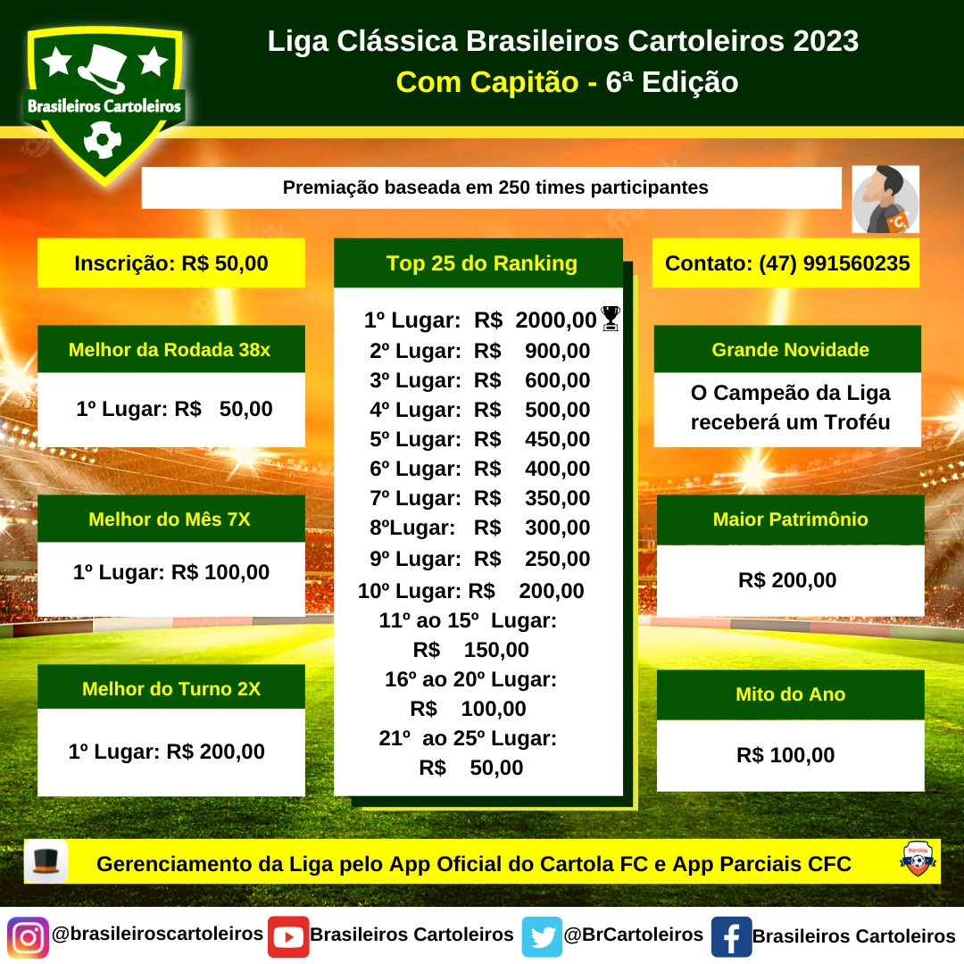 BRCartoleiros's tweet photo. Contagem regressiva para o início da temporada de 2023 de Cartola FC!

Como está a ansiedade? 
Já conferiu nossas ligas para esta temporada? 
Temos as melhores ligas para aumentar as suas chances de mitar muito neste ano.
Chama no link:https://t.co/U0Mj6V5b9Z .

#Cartola #mitar https://t.co/L5BzCjFkPg