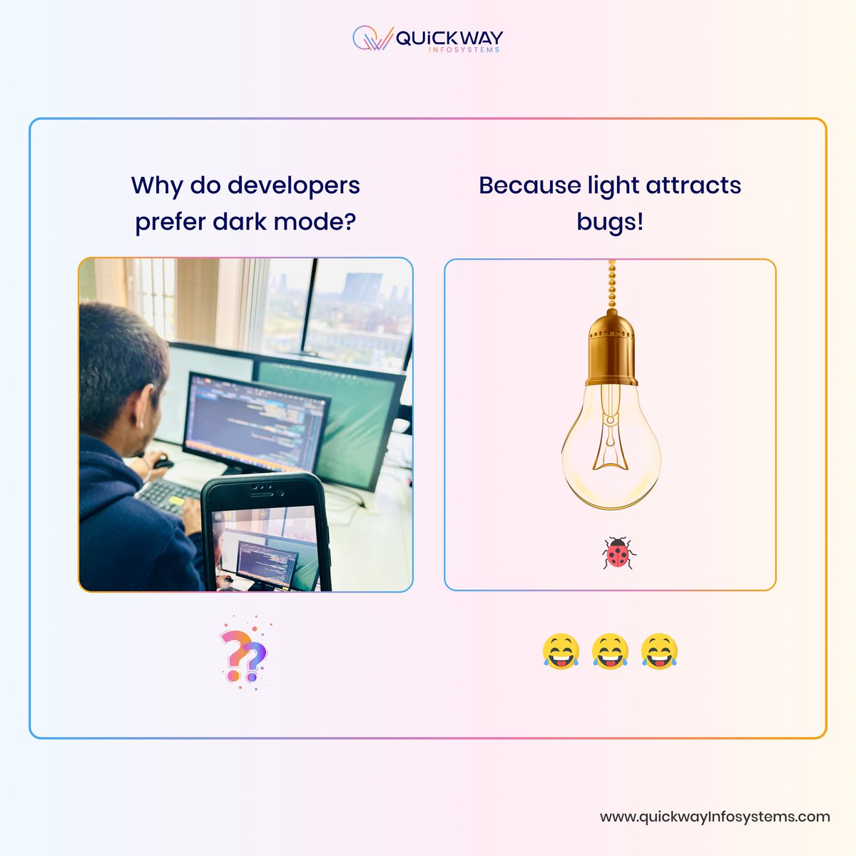 qwi_officials's tweet photo. Happy Wednesday Folks! Here’s a joke one of our developers randomly threw before starting a meeting! Paras Srivastava quite a joke, buddy!
Why do computer scientists prefer dark mode?
#Quickway #developers #darkmode #websiteservices #digitalmarketing #webdevelopment https://t.co/svZsnhW8Pa