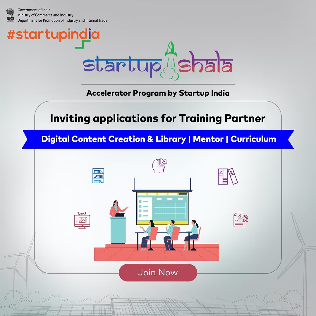 startupindia's tweet photo. Are you ready to boost the growth of #startups in the #CleanTechsector?
Join the program as a #trainingpartner & support in digital content creation & more: https://t.co/4DNUP6TTkt
#StartupShala #AcceleratorProgram #Cleantech #MentorshipProgram #StartupIndia #Mentoring https://t.co/GfybEKG339