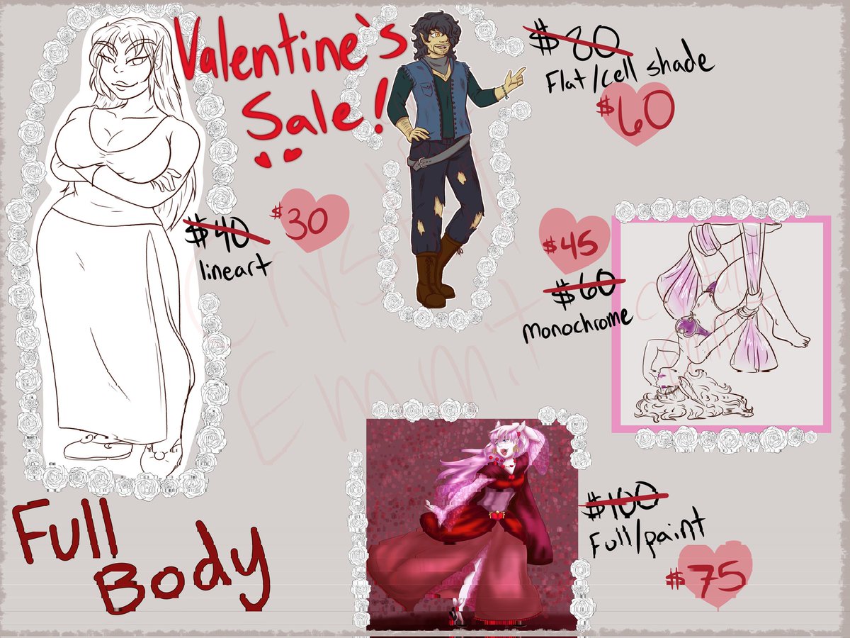 CrystalEmmit's tweet photo. Happy Valentine's! ❤️

I know it's a bit late into the day, but after a long and crazy day at work, I can finally settle in to some commissions!

Everything is 25% off until March 1st ❤️

I have slots open, so get them while you can 😁

#digitalart #artcommissions #ValentinesDay https://t.co/Jdy6qSj8zQ
