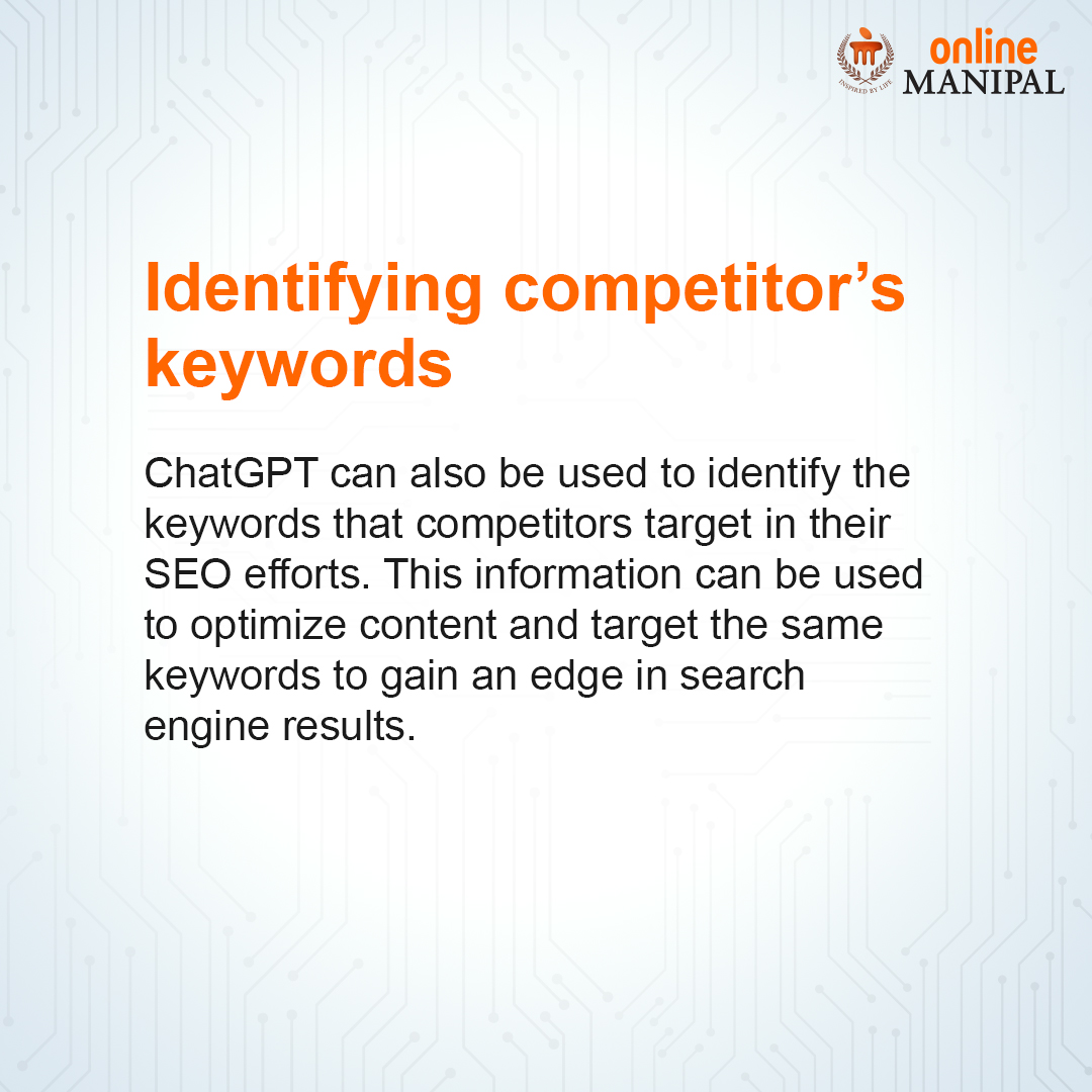 So how can you use ChatGPT to find good and relevant keywords? Check it out. 

#SearchEngine #SEOOptimization #Digital #GoogleSearch #DigitalMarketing #OnlineLearning #Marketing #MarketingAnalyst #Growth #SearchEngineOptimization #Strategy #OnlineDegrees #OnlineManipal