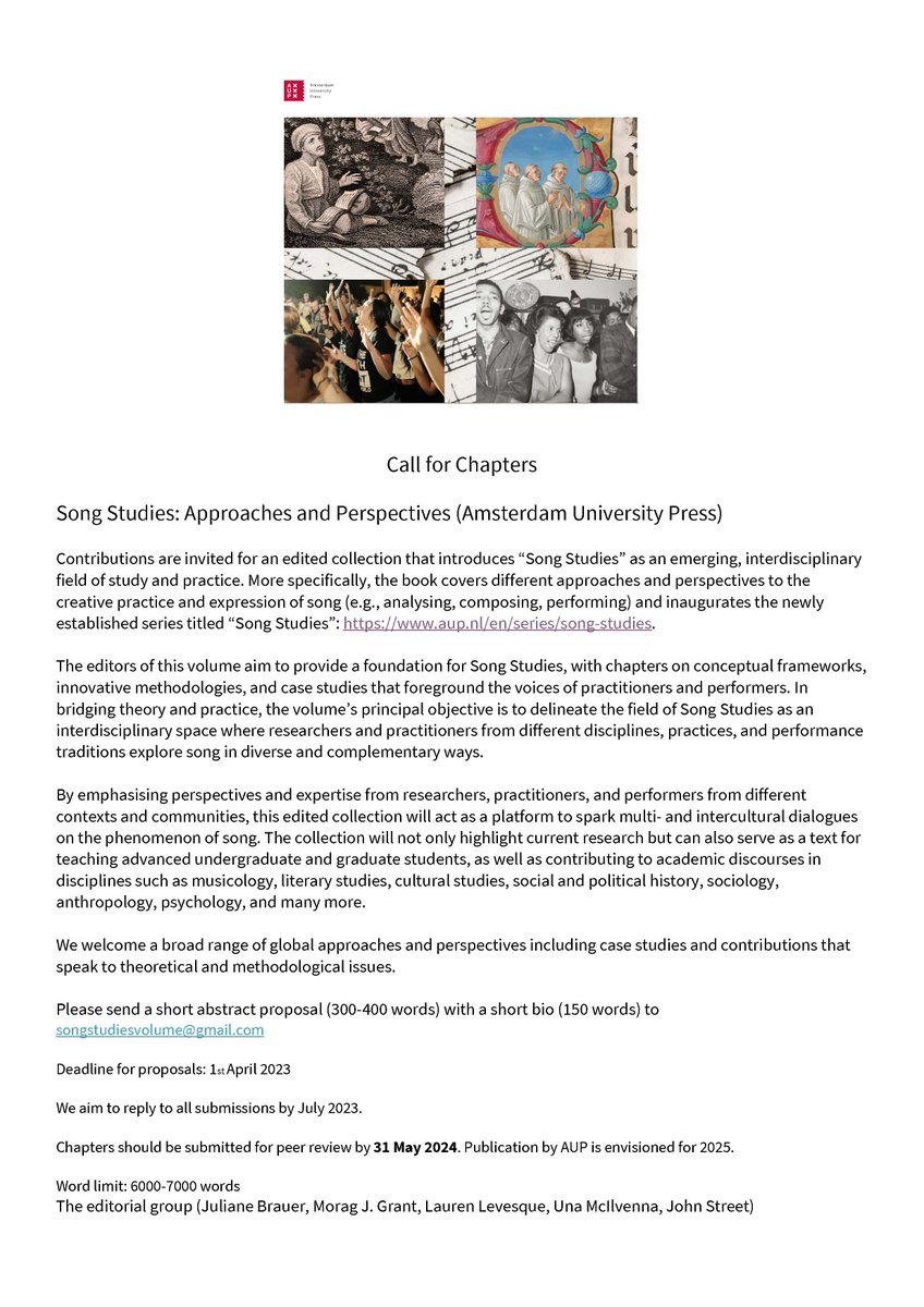 Song Studies (@songstudies21) on Twitter photo Call for Chapters! 'Song Studies: Approaches and Perspectives' with <a href="/AmsterdamUPress/">Amsterdam Univ Press</a> Do you work on song in any field or form? Would you like to submit a chapter for the first edited volume that covers the entire field of song studies? Get in touch: see cfp below or DM us! Call for Chapters! 'Song Studies: Approaches and Perspectives' with <a href="/AmsterdamUPress/">Amsterdam Univ Press</a> Do you work on song in any field or form? Would you like to submit a chapter for the first edited volume that covers the entire field of song studies? Get in touch: see cfp below or DM us!