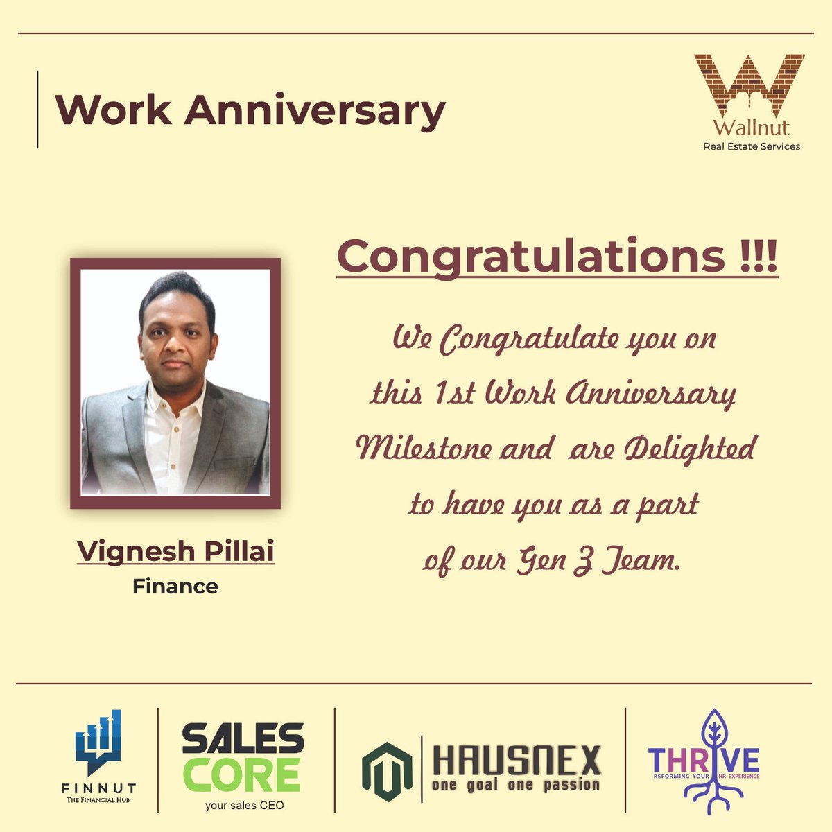WallnutServices's tweet photo. We are proud to have You on our team.
Wish you another year filled with Success.
Happy Work Anniversary!!!
#workanniversary #wallnutservices #realestate #mumbai #financialservices #1yearanniversary #realestatesales #realestaterecruitment #realestatefinance https://t.co/3m9pVrjh7k