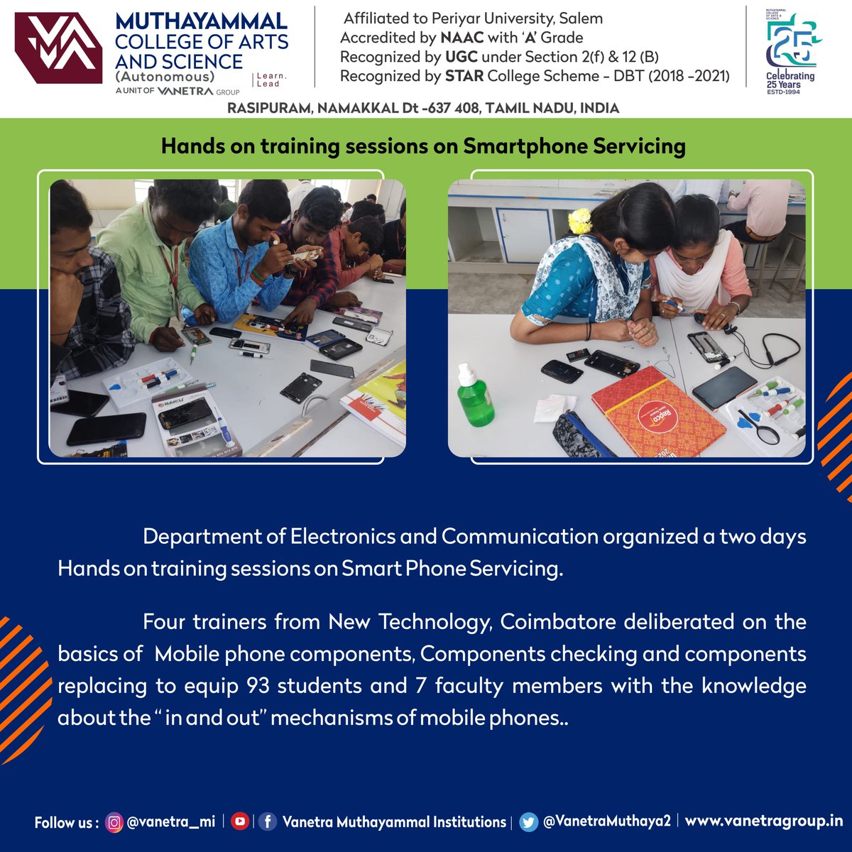 VanetraMuthaya2's tweet photo. Department of Electronics and Communications organized 2 days Hands-on training Programme on Smart Phone Servicing on 01.02.2023 and 02.02.2023.
#mobilerepair #iphone #phonerepair #microsoldering #repairiphone #cellphonerepair #screenrepair #iphonerepair #repair https://t.co/RsFi7nsWGR