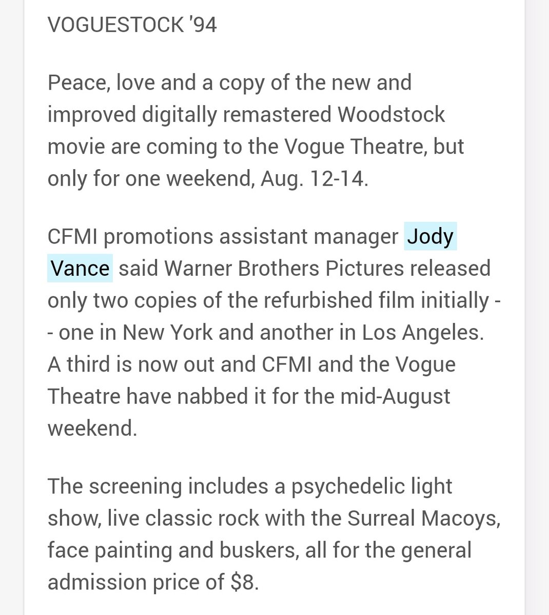 robertcarnell's tweet photo. @jodyvance With my library card realized I can search newspaper articles. Funny I was watching some of Woodstock last week :) #JodyIn1994 https://t.co/0a4F1Zprqp
